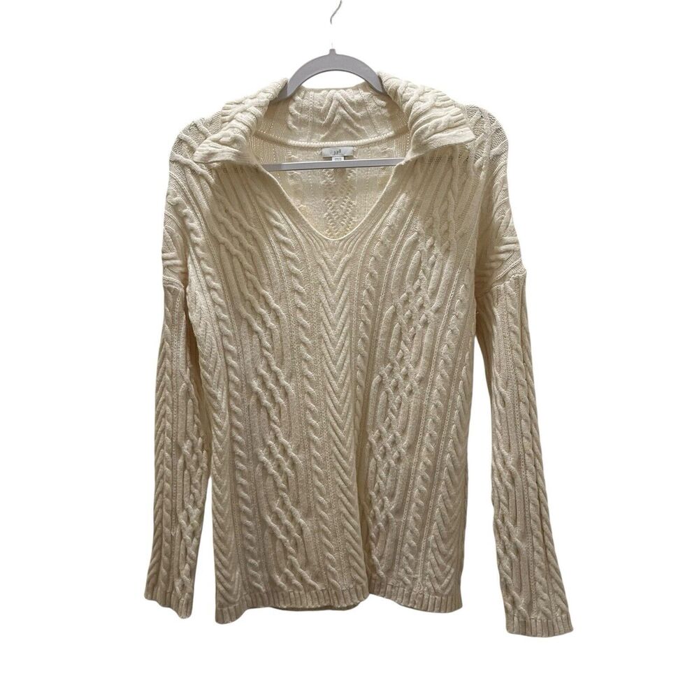 J.Jill Women's Cabled Polo V-Neck Sweater Cream Ivory Size L Chunky Knit Boho